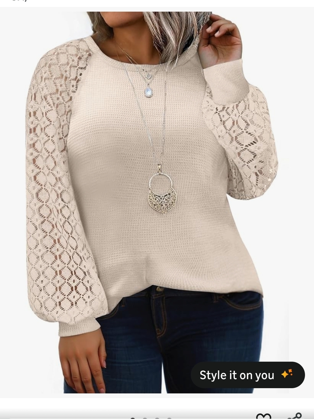 Eytino Women's Cream Lace-Sleeve Waffle Knit Top Size 3X